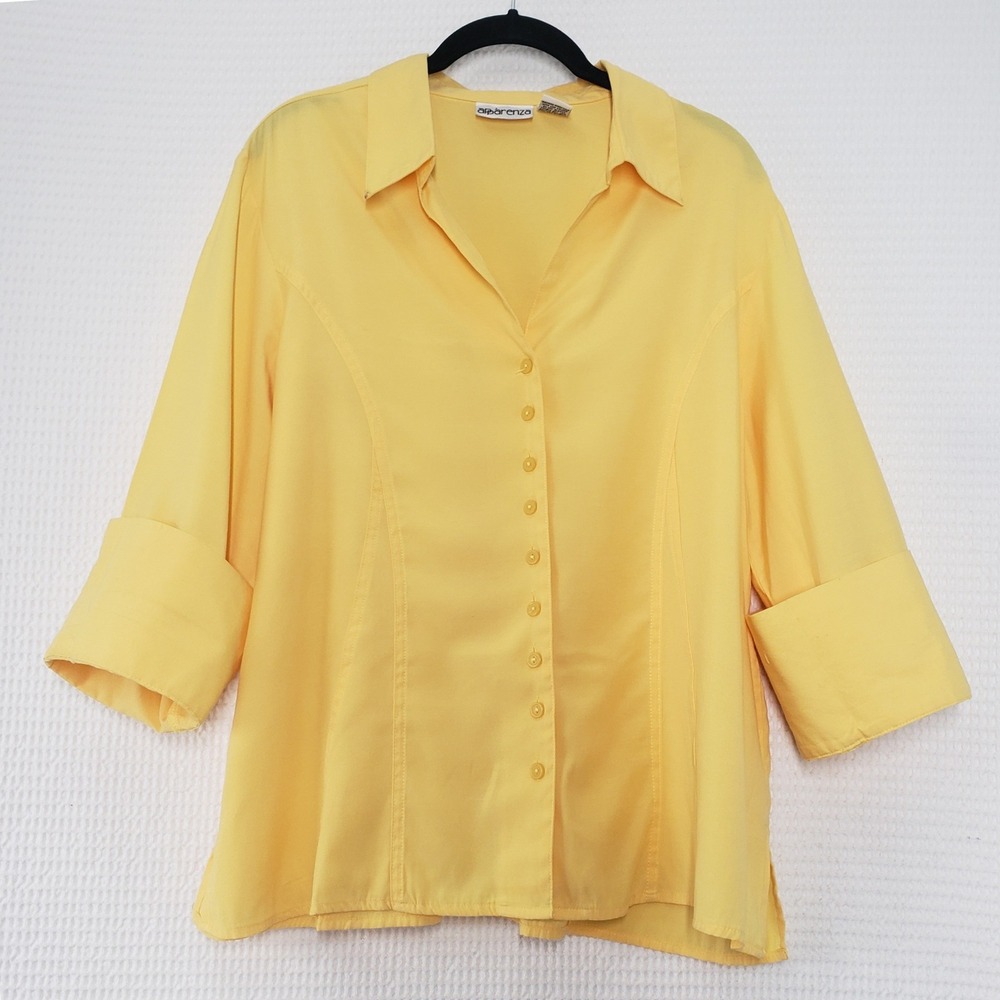 Vintage Apparenza 3/4 Sleeve Button Down Shirt Womens 1X Yellow Lemon Blouse